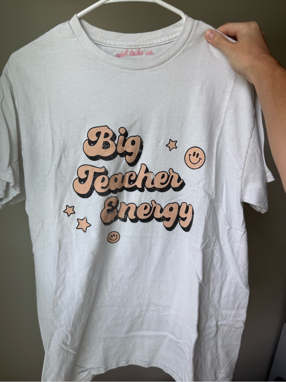 Big Teacher Energy Graphic Tee - White with Peach Print